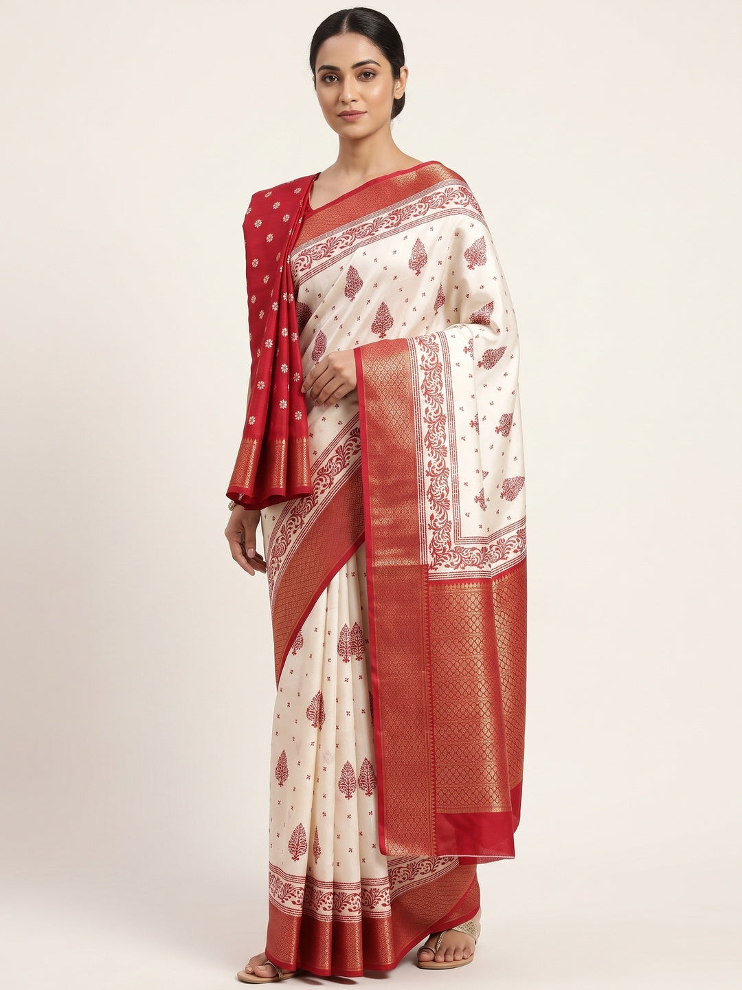 Offwhite & Red Floral Printed Dola Silk Saree With Intricate Woven Border - Image 1