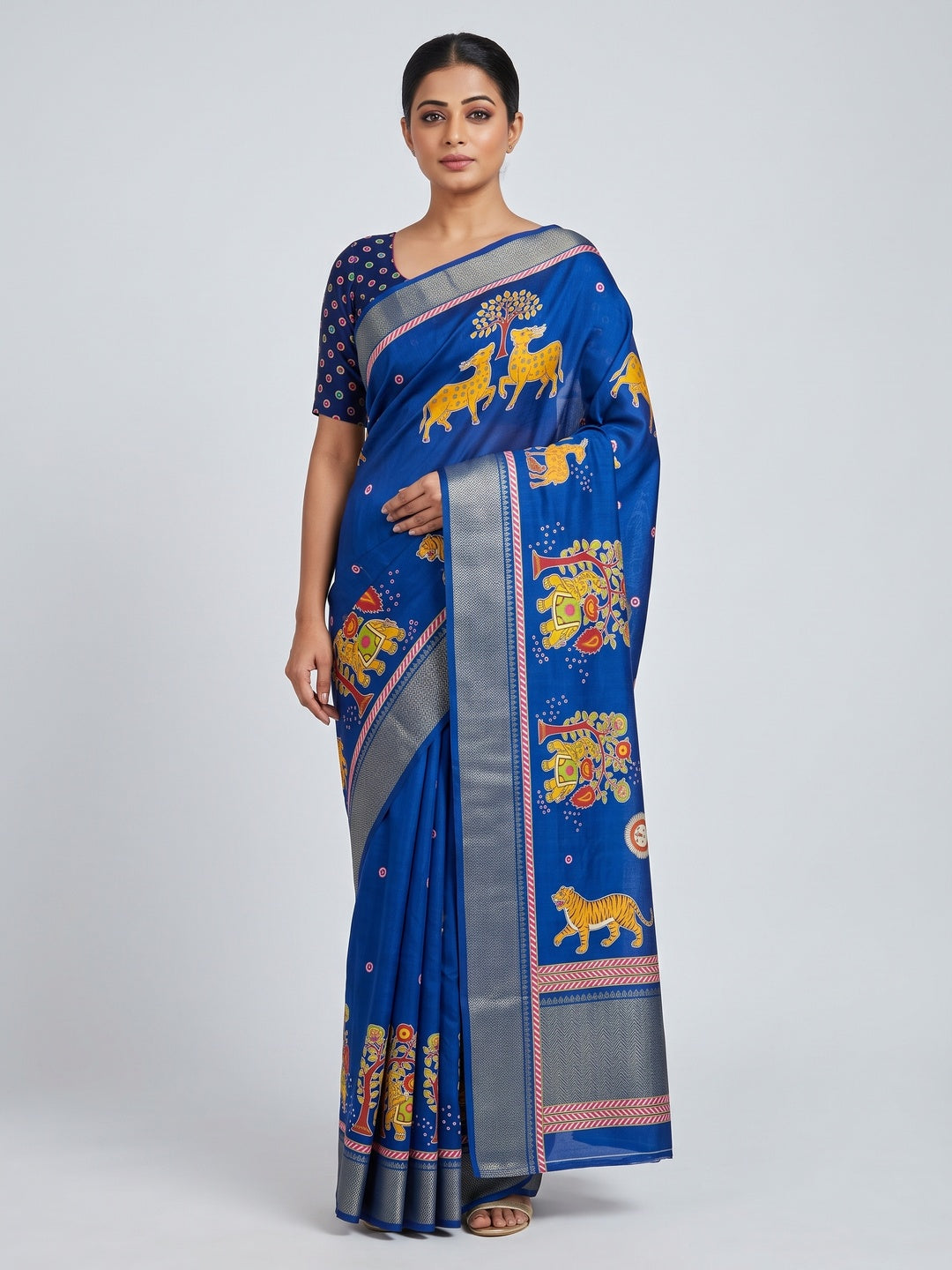 Blue Traditional Printed Dola Silk Saree Accented with Rich Zari Weaving - Image 1