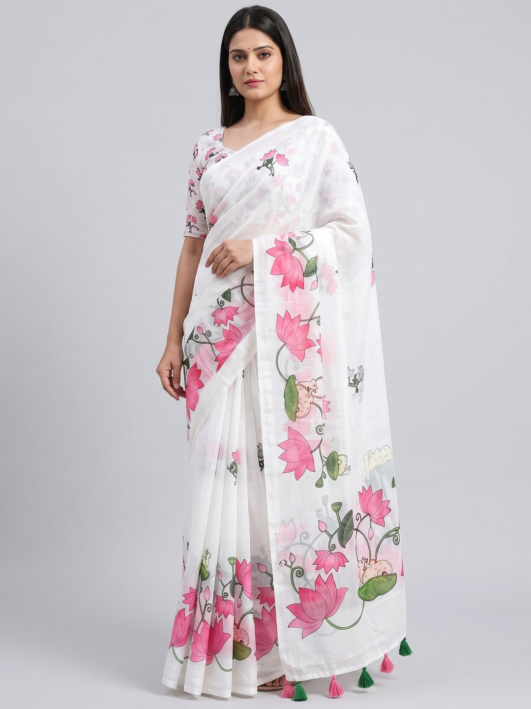 Elegant White Linen Saree with Pichwai Lotus Print and Tassel Detail - Image 1