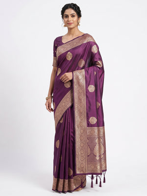 Purple Pure Banarasi Silk Saree Adorned with Intricate Zari Butti Woven Detailing - Image 1