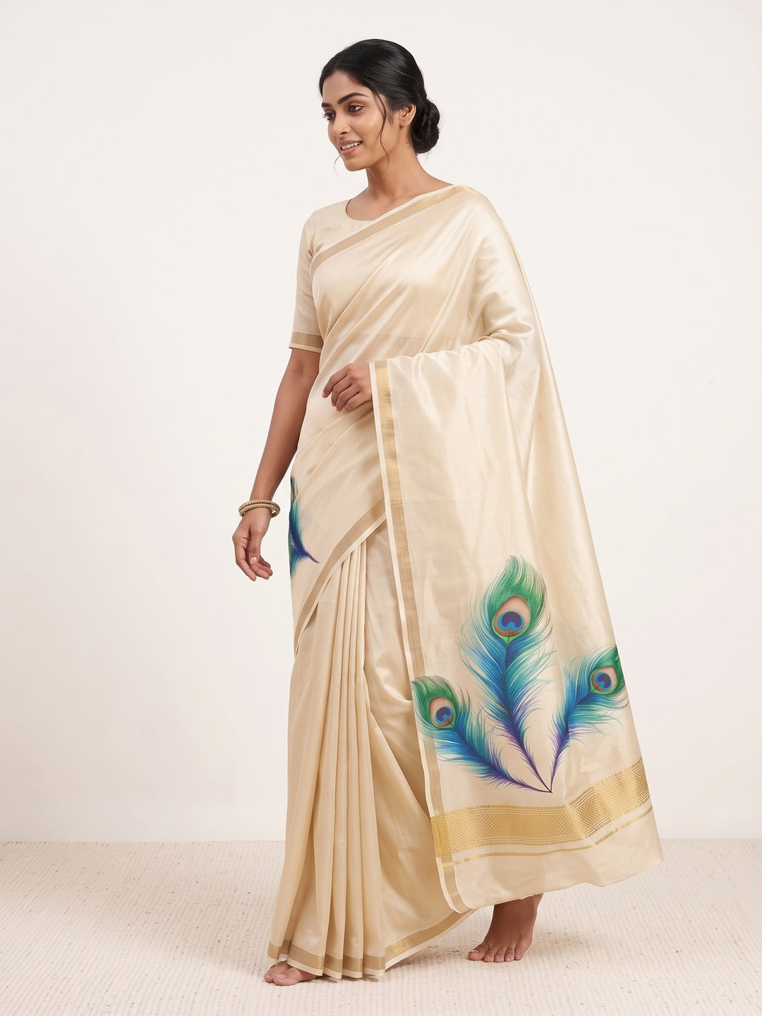 Charming Cream Soft Tussar Cotton Silk Saree With Peacock Feathers Print - Image 4