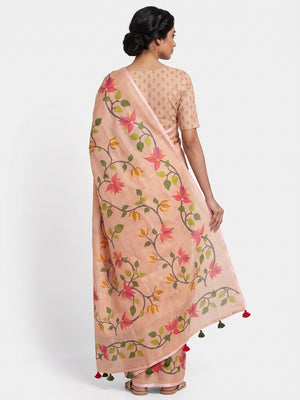 Peach Floral Printed Tissue Cotton Silk Saree Enhanced with a Classic Zari Weaving Border - Image 2