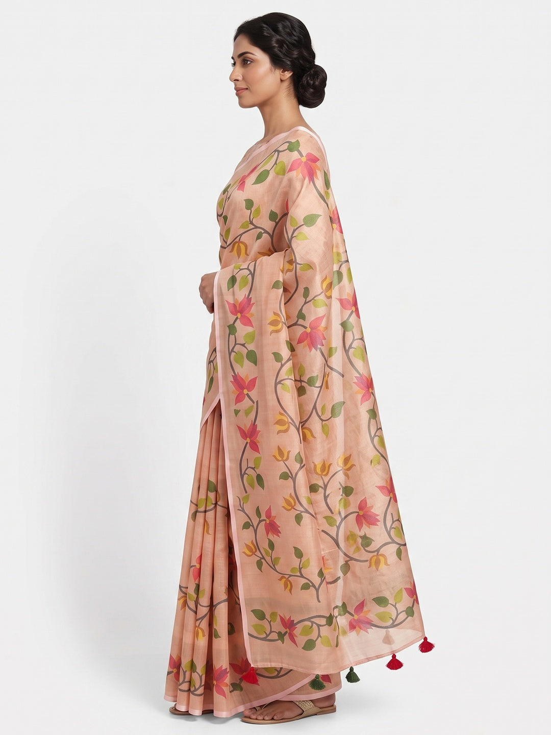 Peach Floral Printed Tissue Cotton Silk Saree Enhanced with a Classic Zari Weaving Border - Image 3