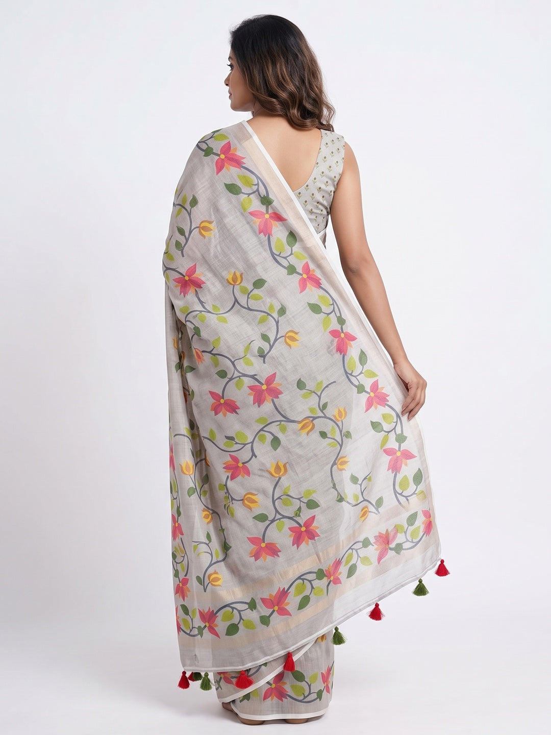 Grey Floral Printed Tissue Cotton Silk Saree Enhanced with a Classic Zari Weaving Border - Image 2