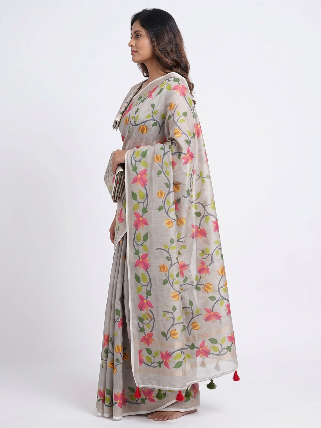 Grey Floral Printed Tissue Cotton Silk Saree Enhanced with a Classic Zari Weaving Border - Image 3