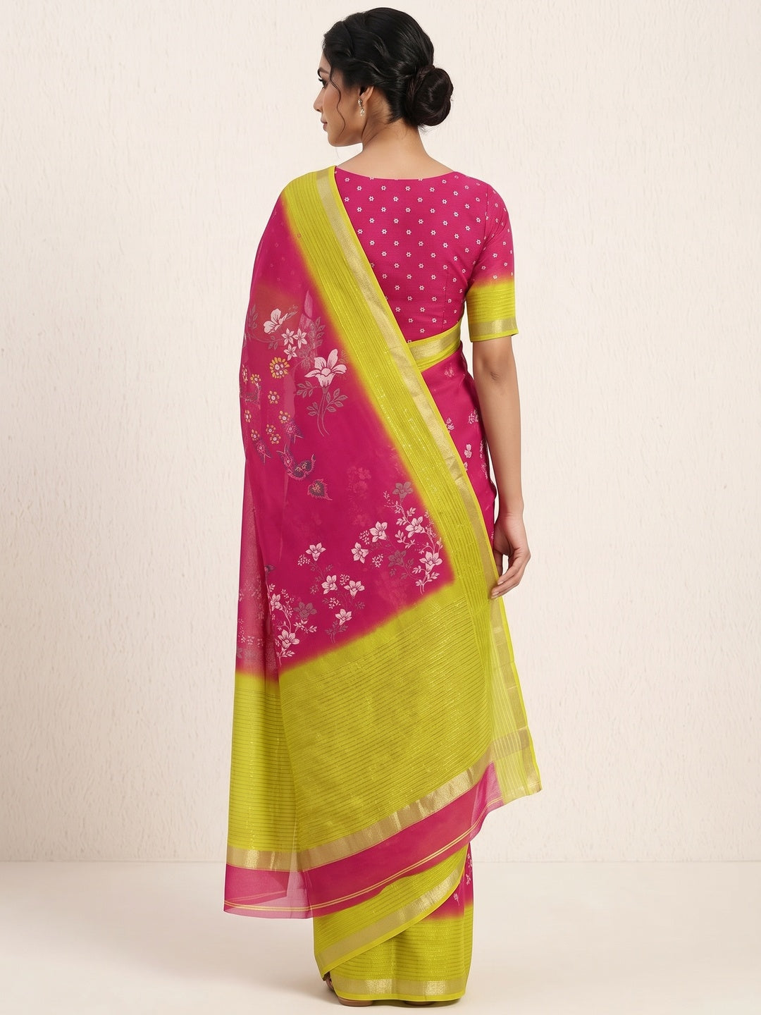Rani Pink Floral Printed Moss Georgette Saree With Elegant Zari & Sequins Border Work - Image 2