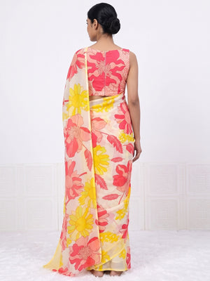 Yellow Sparkle Star Georgette Saree Adorned With Floral Digital Prints - Image 2