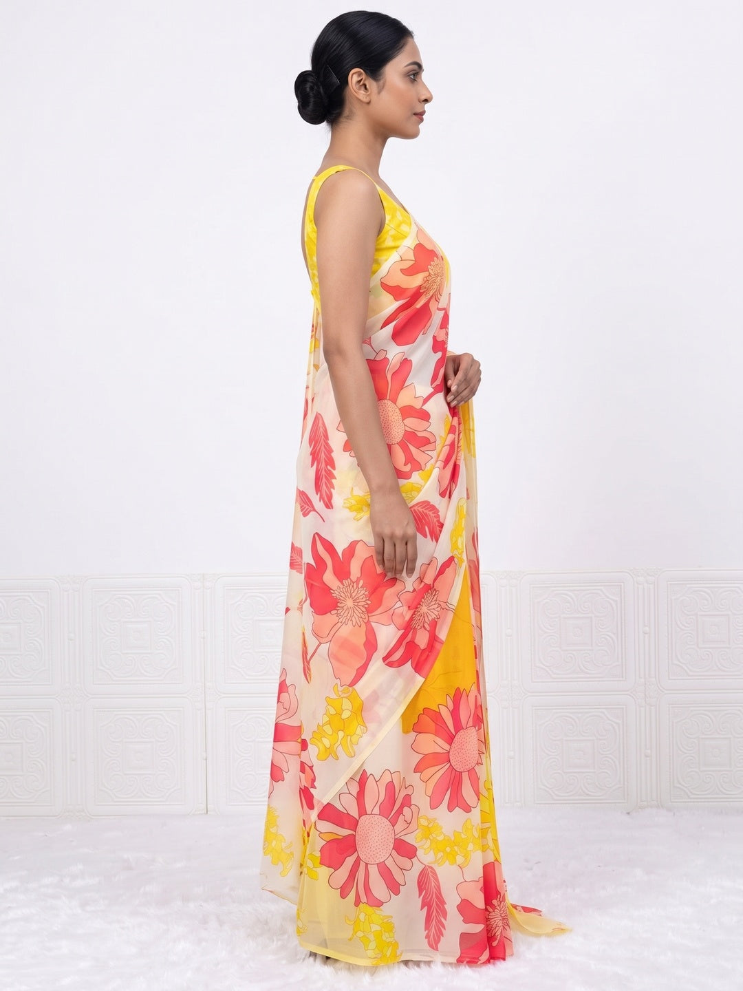 Yellow Sparkle Star Georgette Saree Adorned With Floral Digital Prints - Image 3