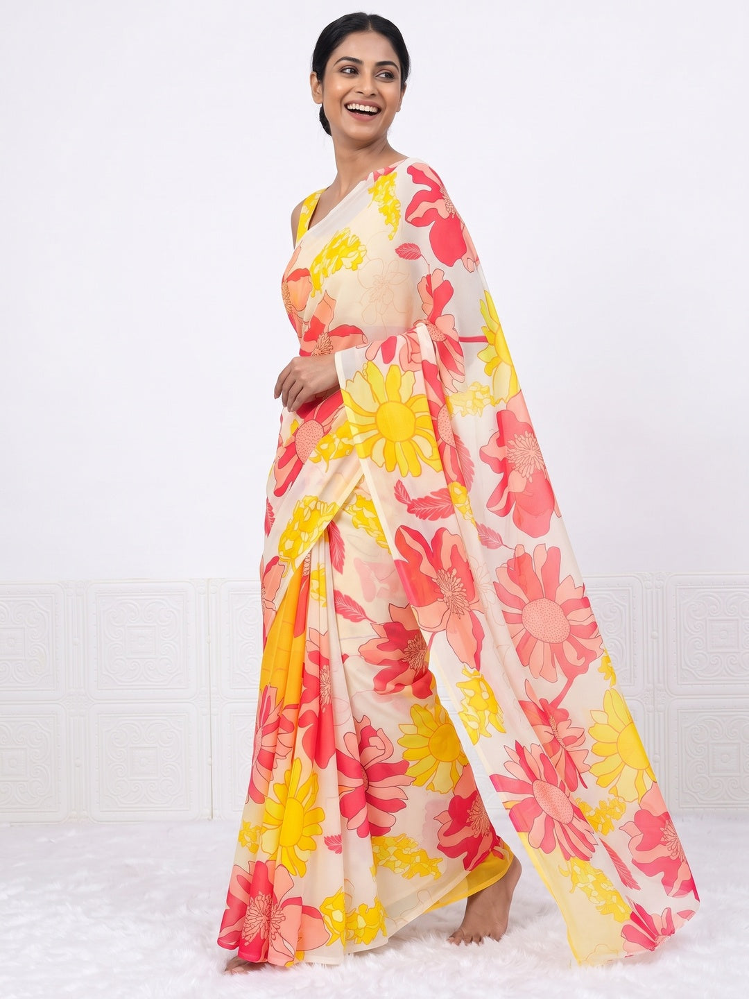 Yellow Sparkle Star Georgette Saree Adorned With Floral Digital Prints - Image 4