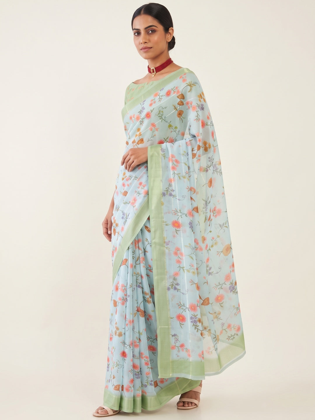 Sky Blue Bloom Floral Digital Printed Georgette Saree Accentuated With Graceful Zari Stripes - Image 3