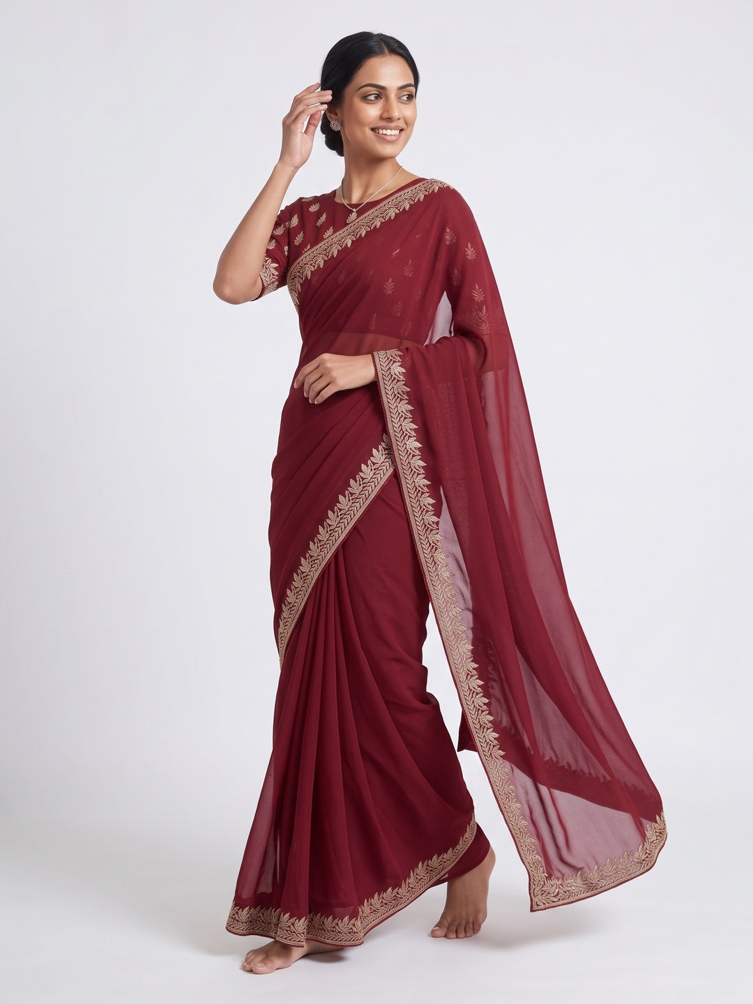 Stylish Maroon Star Chiffon Saree with Traditional Zari Embellished Border - Image 4