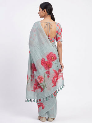 Sea Green Chanderi Cotton Saree Featuring Digital Floral Prints & Decorative Tassel Pallu - Image 2