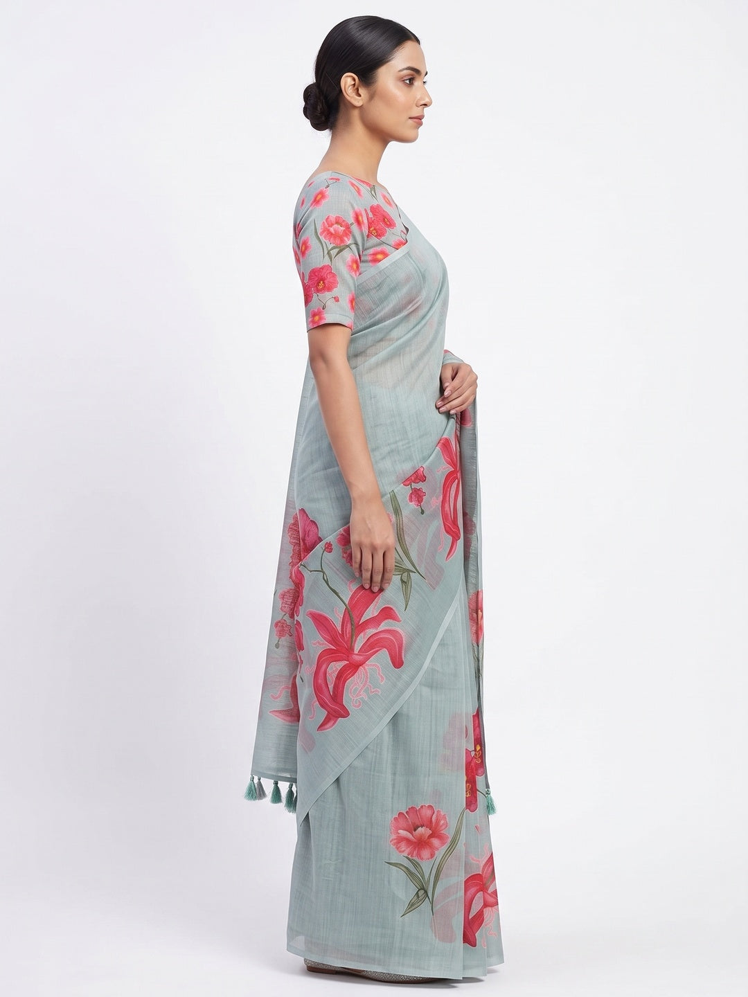 Sea Green Chanderi Cotton Saree Featuring Digital Floral Prints & Decorative Tassel Pallu - Image 3