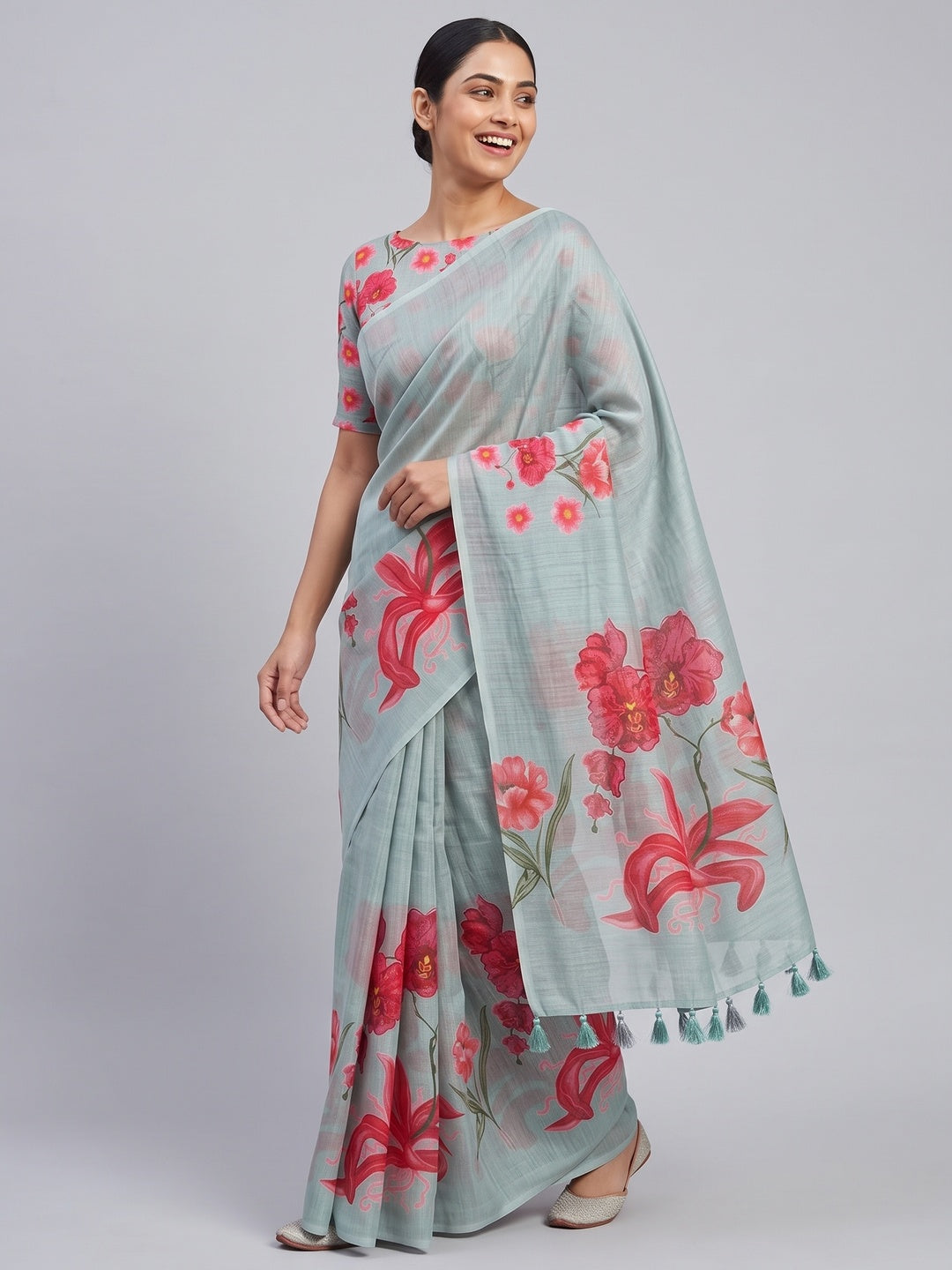 Sea Green Chanderi Cotton Saree Featuring Digital Floral Prints & Decorative Tassel Pallu - Image 4