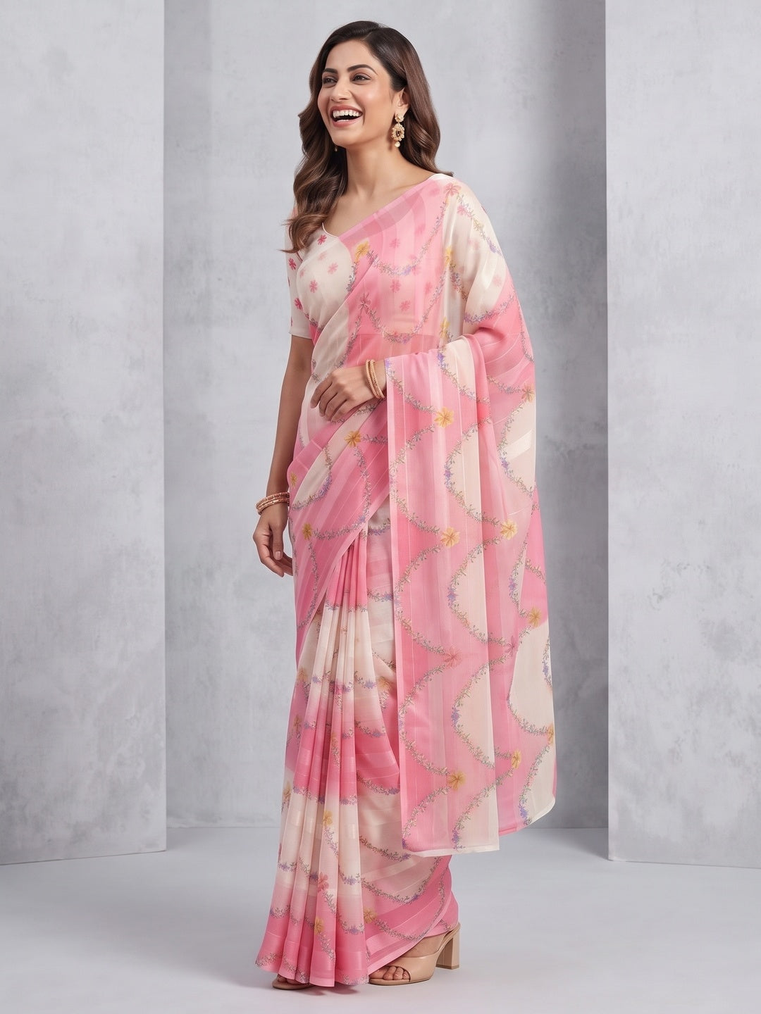 Pink Bloom Floral Digital Printed Georgette Saree Accentuated With Graceful Zari Stripes - Image 9