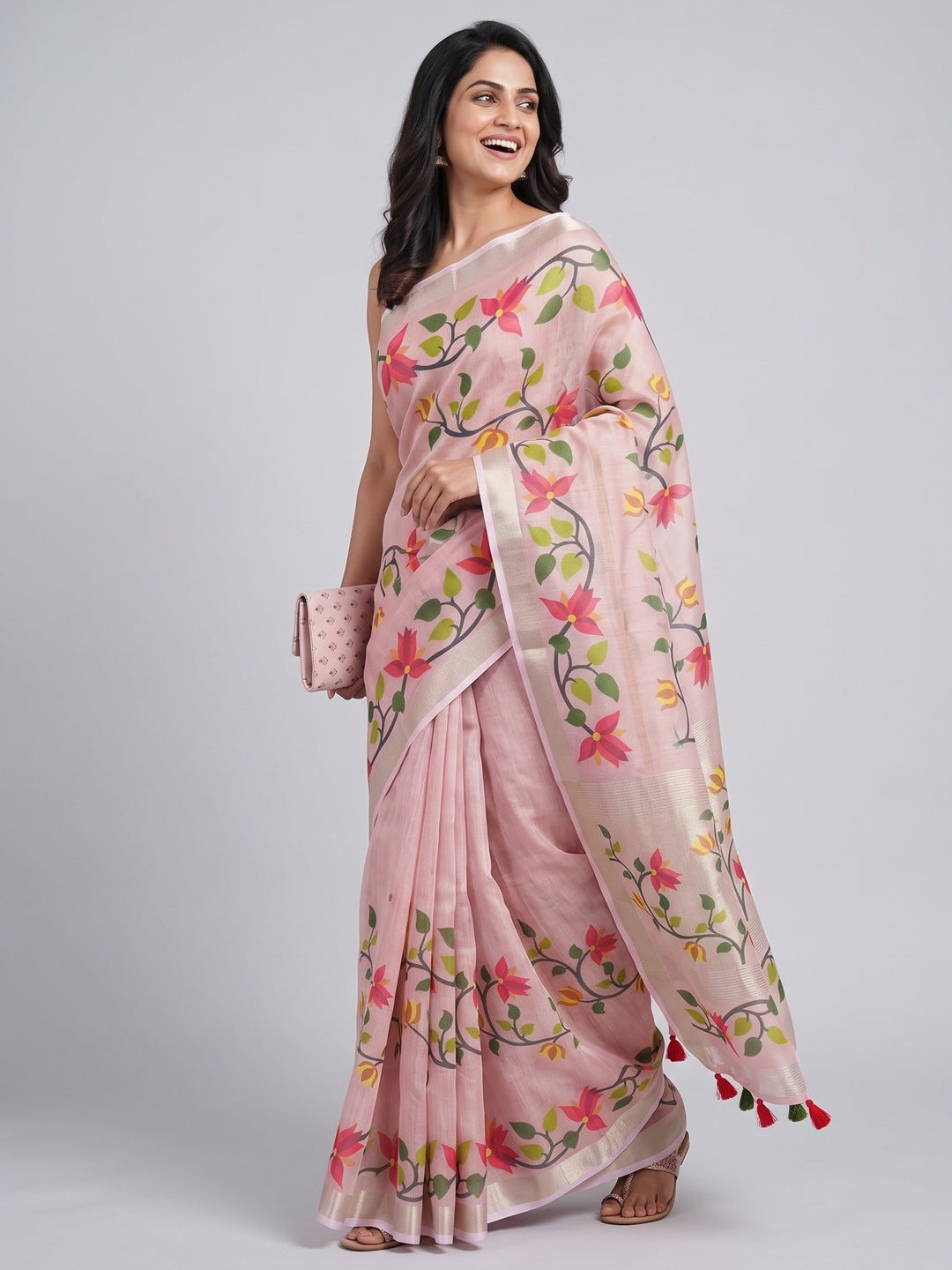 Pink Floral Printed Tissue Cotton Silk Saree Enhanced with a Classic Zari Weaving Border - Image 4
