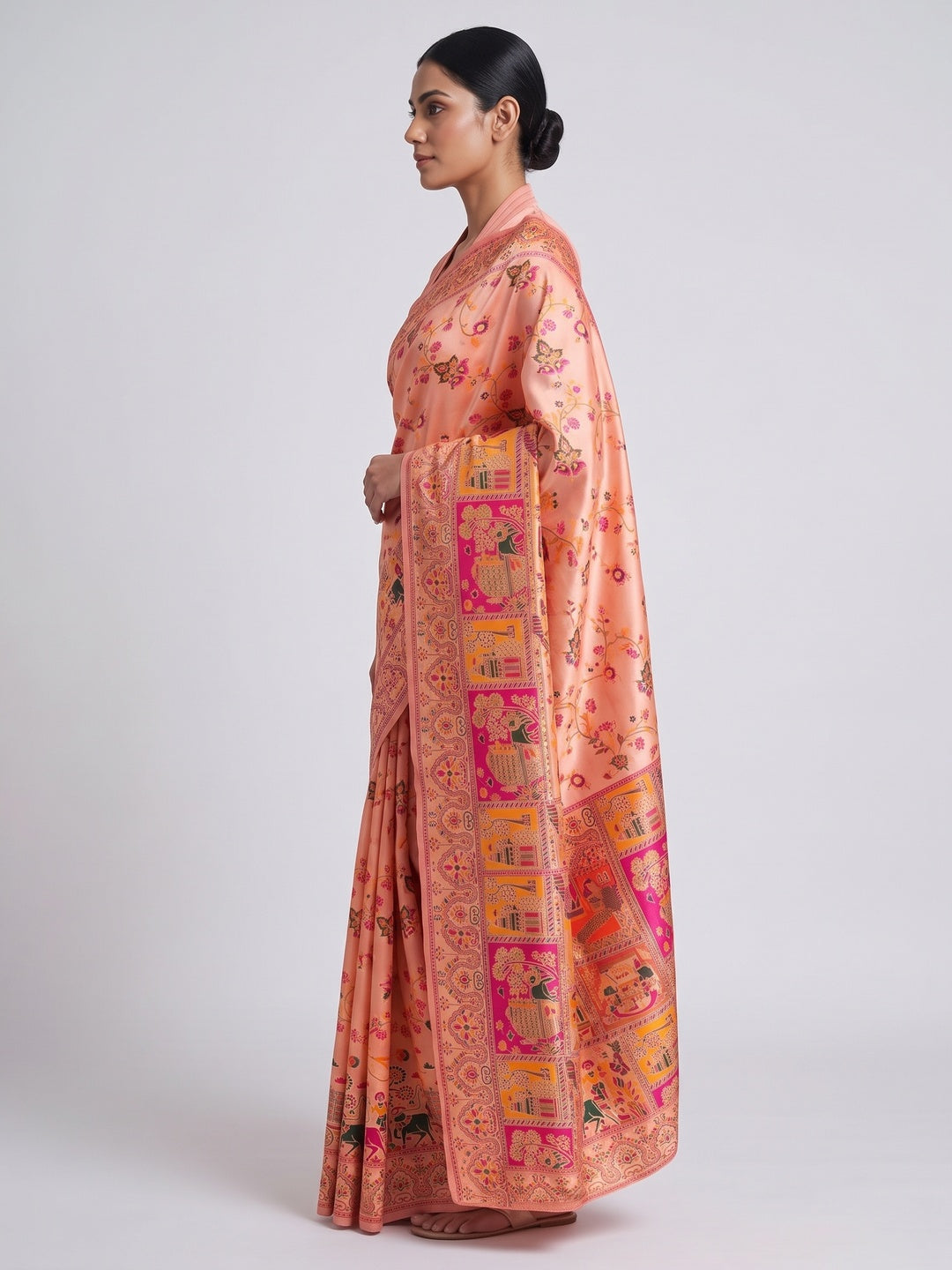 Royal Peach Pashmina Silk Saree with Rajwadi Zari Weaving - Image 3