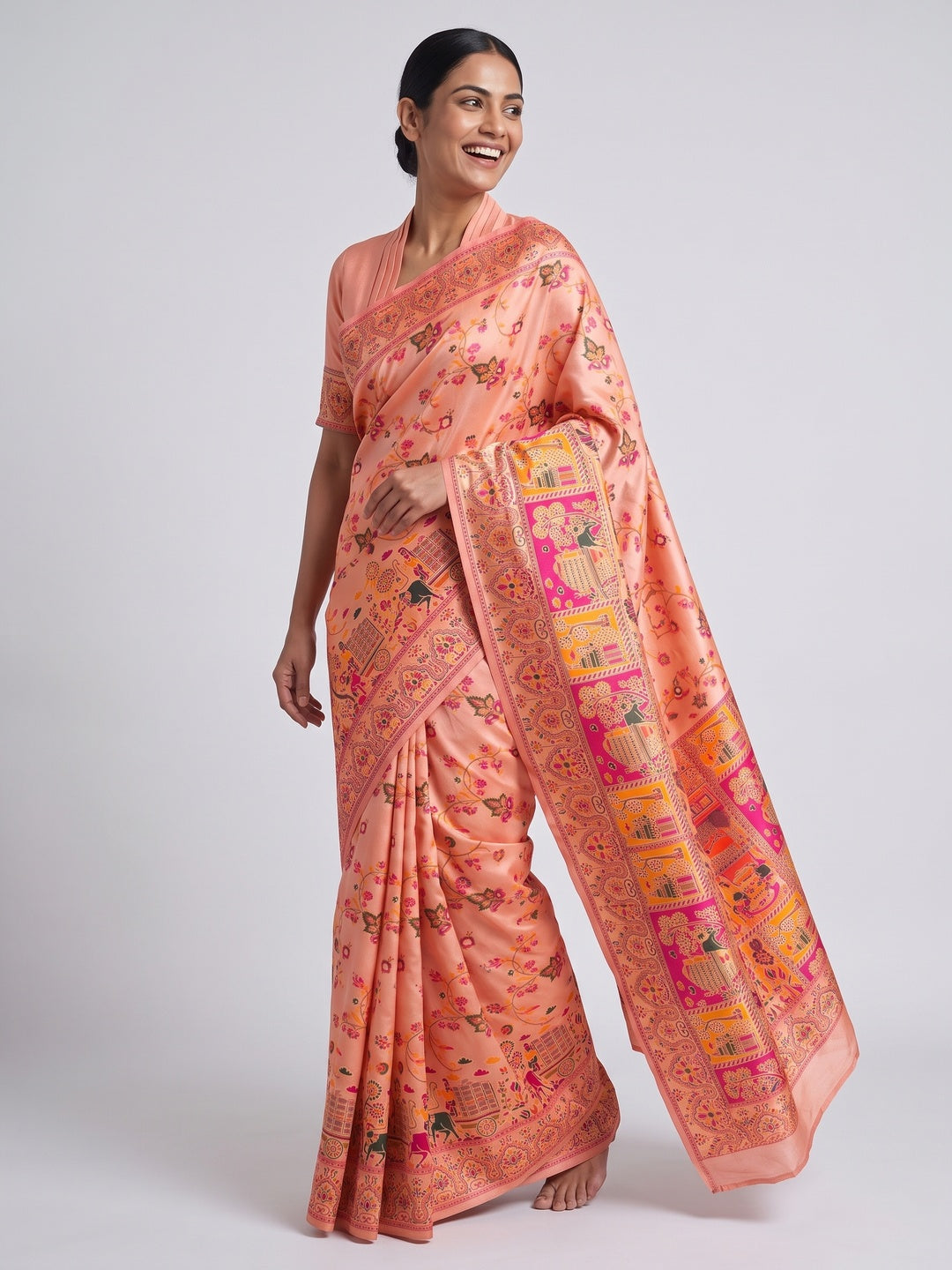 Royal Peach Pashmina Silk Saree with Rajwadi Zari Weaving - Image 4