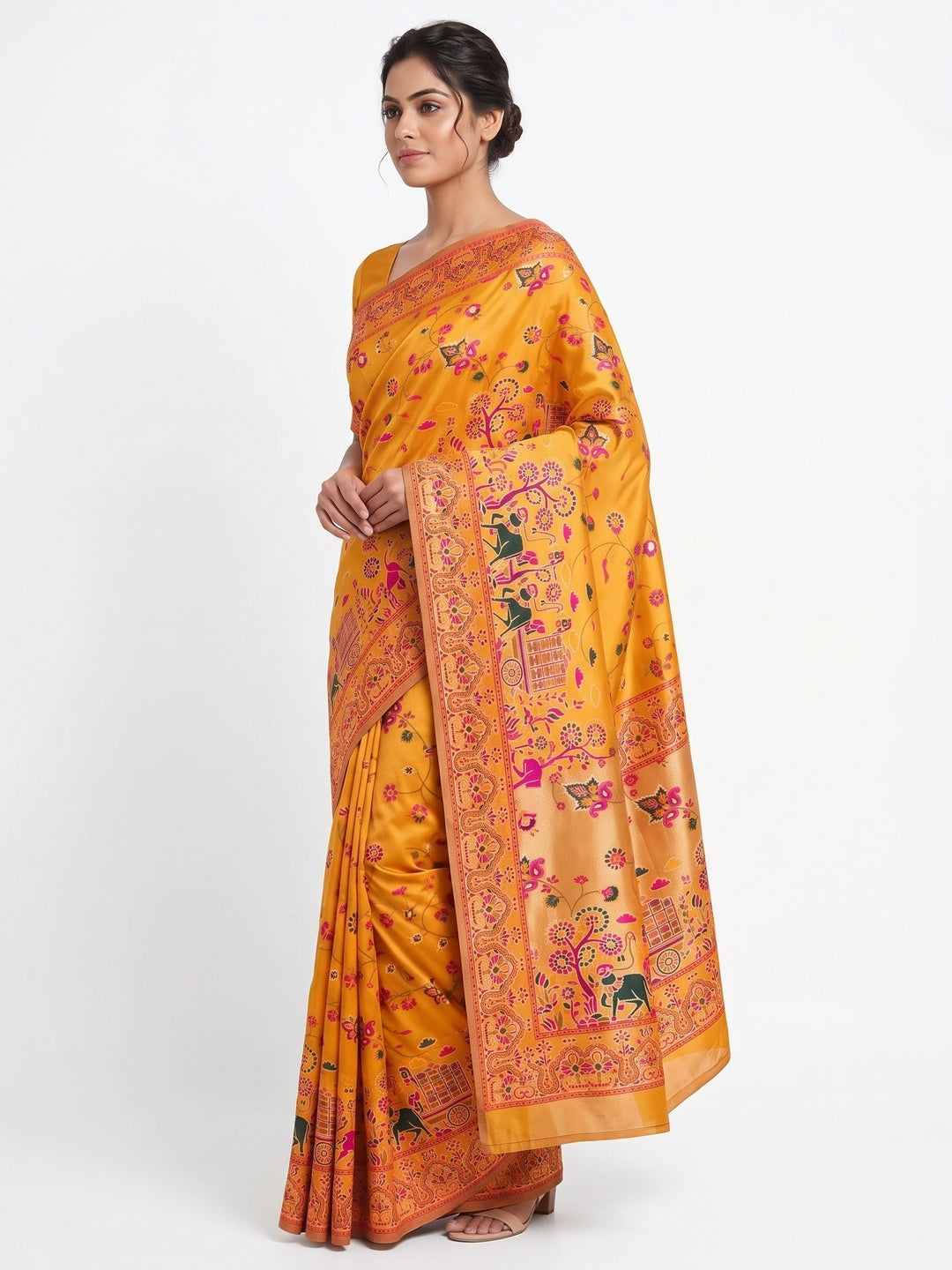 Royal Mustard Pashmina Silk Saree with Rajwadi Zari Weaving - Image 3
