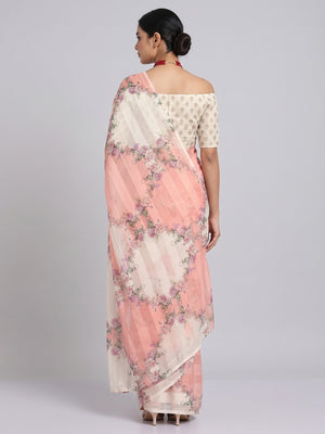 White & Peach Bloom Floral Digital Printed Georgette Saree Accentuated With Graceful Zari Stripes - Image 2