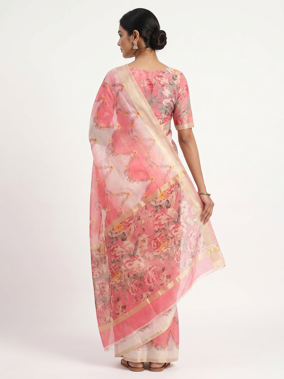 Gajari Pink Floral Digital Printed Chanderi Cotton Saree - Image 2