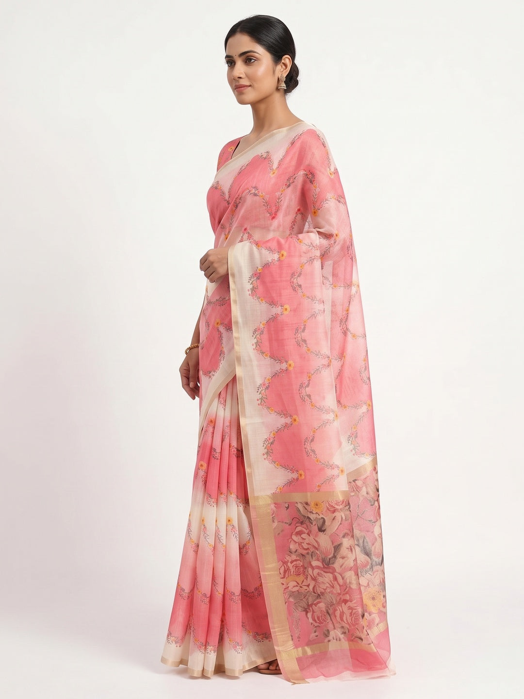 Gajari Pink Floral Digital Printed Chanderi Cotton Saree - Image 3