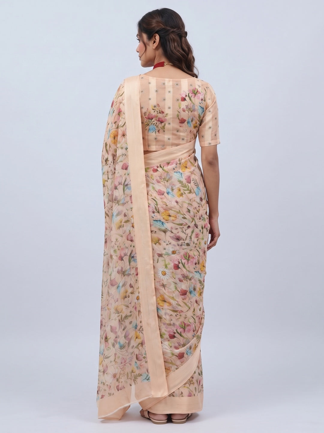 Peach Bloom Floral Digital Printed Georgette Saree Accentuated With Graceful Zari Stripes - Image 2