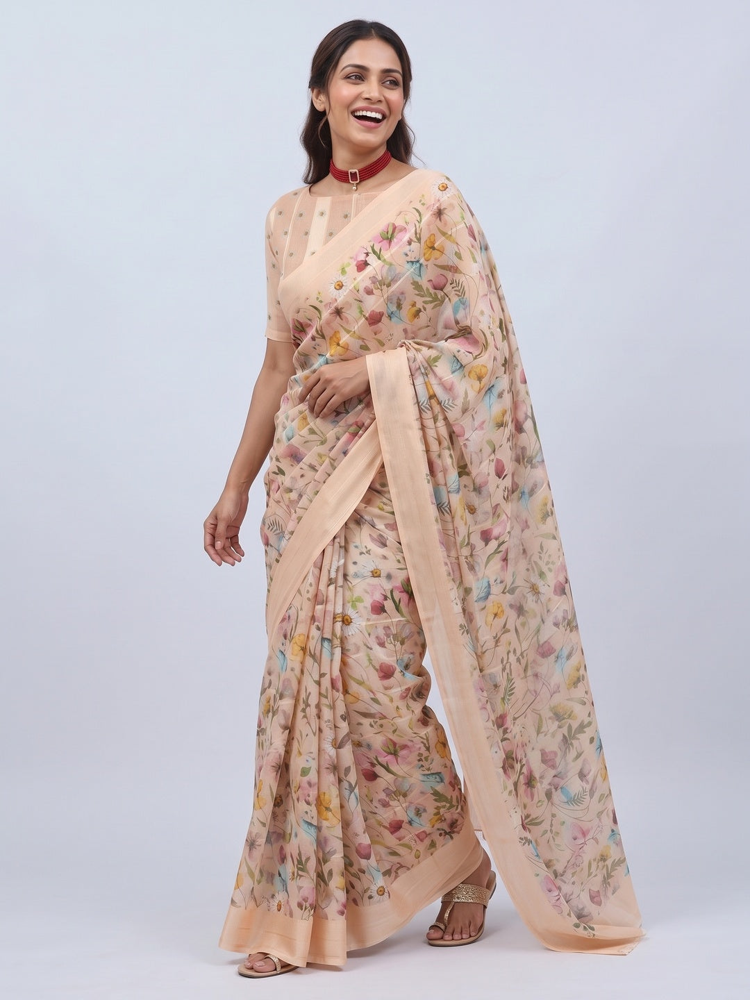 Peach Bloom Floral Digital Printed Georgette Saree Accentuated With Graceful Zari Stripes - Image 4