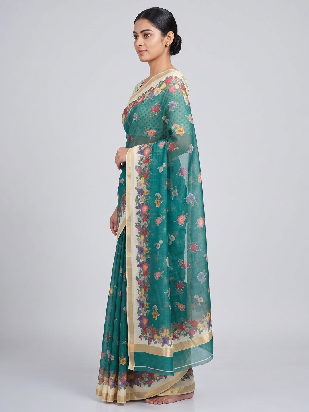 Green Floral Digital Print Chanderi Cotton Saree Enhanced With Charming Zari Weaving Border - Image 3