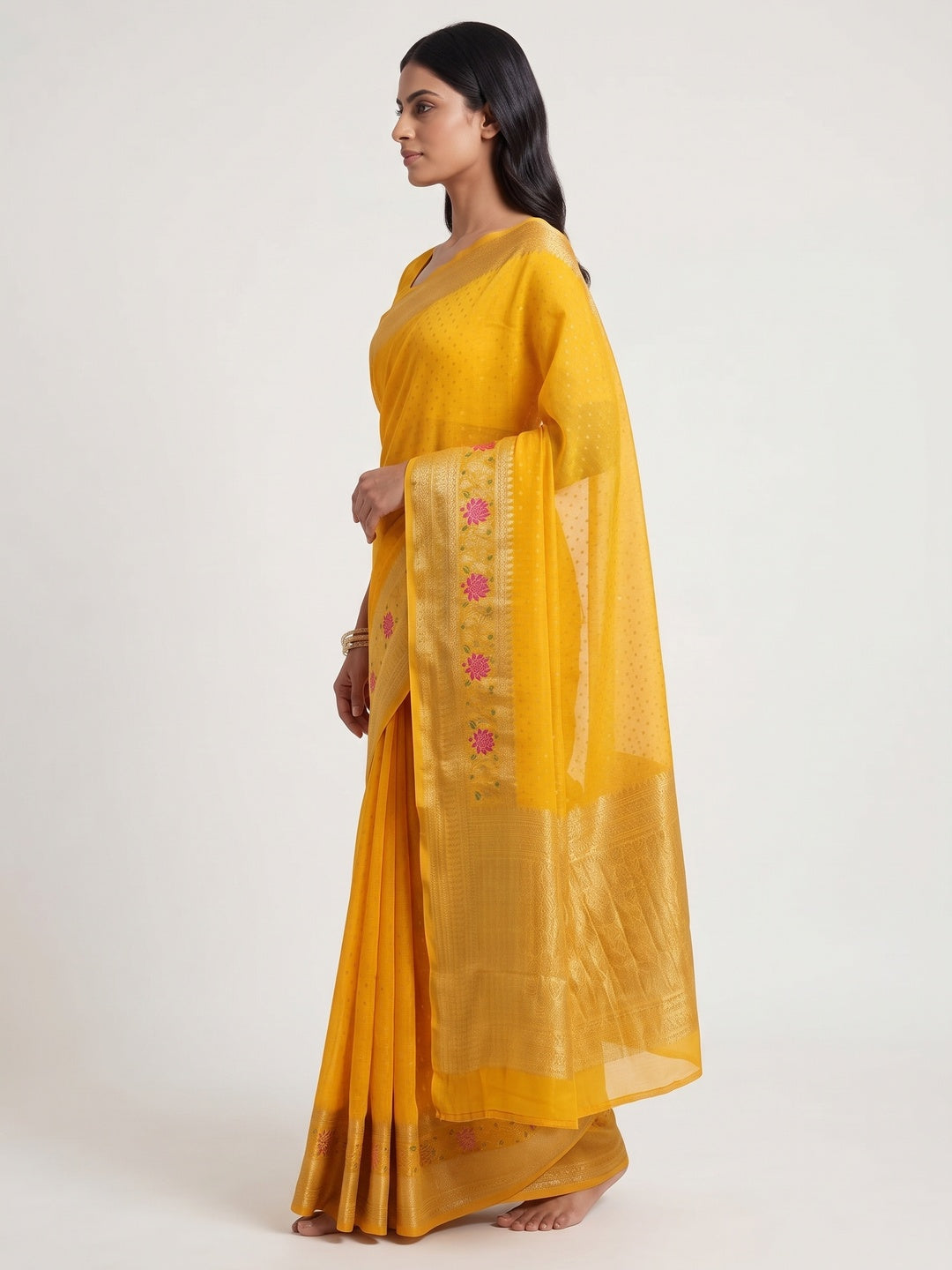 Mustard Saree in Pure Georgette Featuring Delicate Zari Butti Work - Image 3
