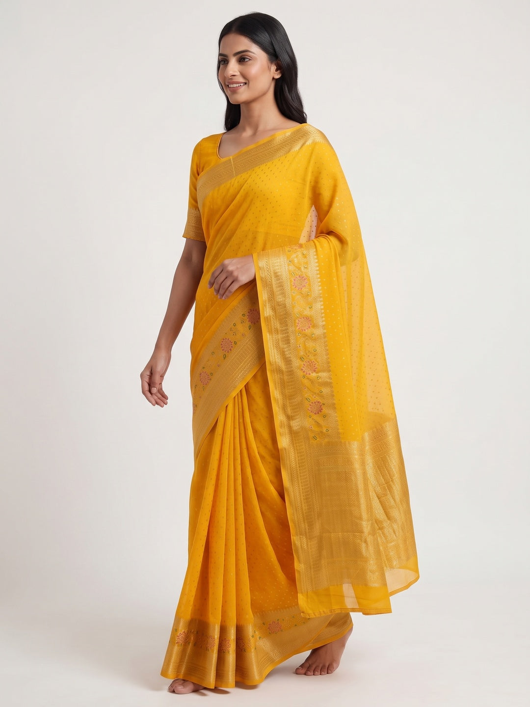 Mustard Saree in Pure Georgette Featuring Delicate Zari Butti Work - Image 4