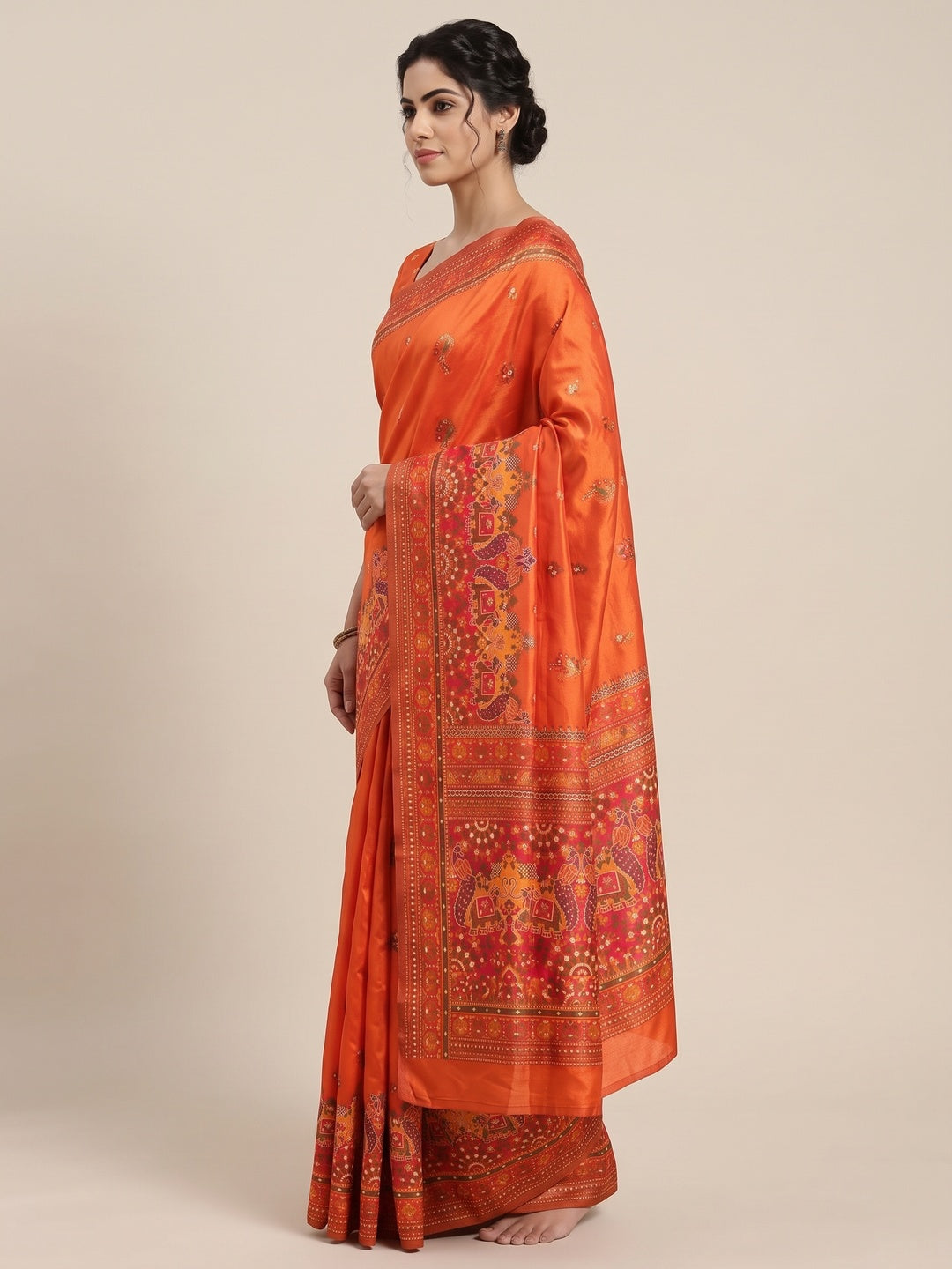 Orange Pashmina Silk Weaving Saree Designed in Classic Rajwadi Style for Festive Wear - Image 3