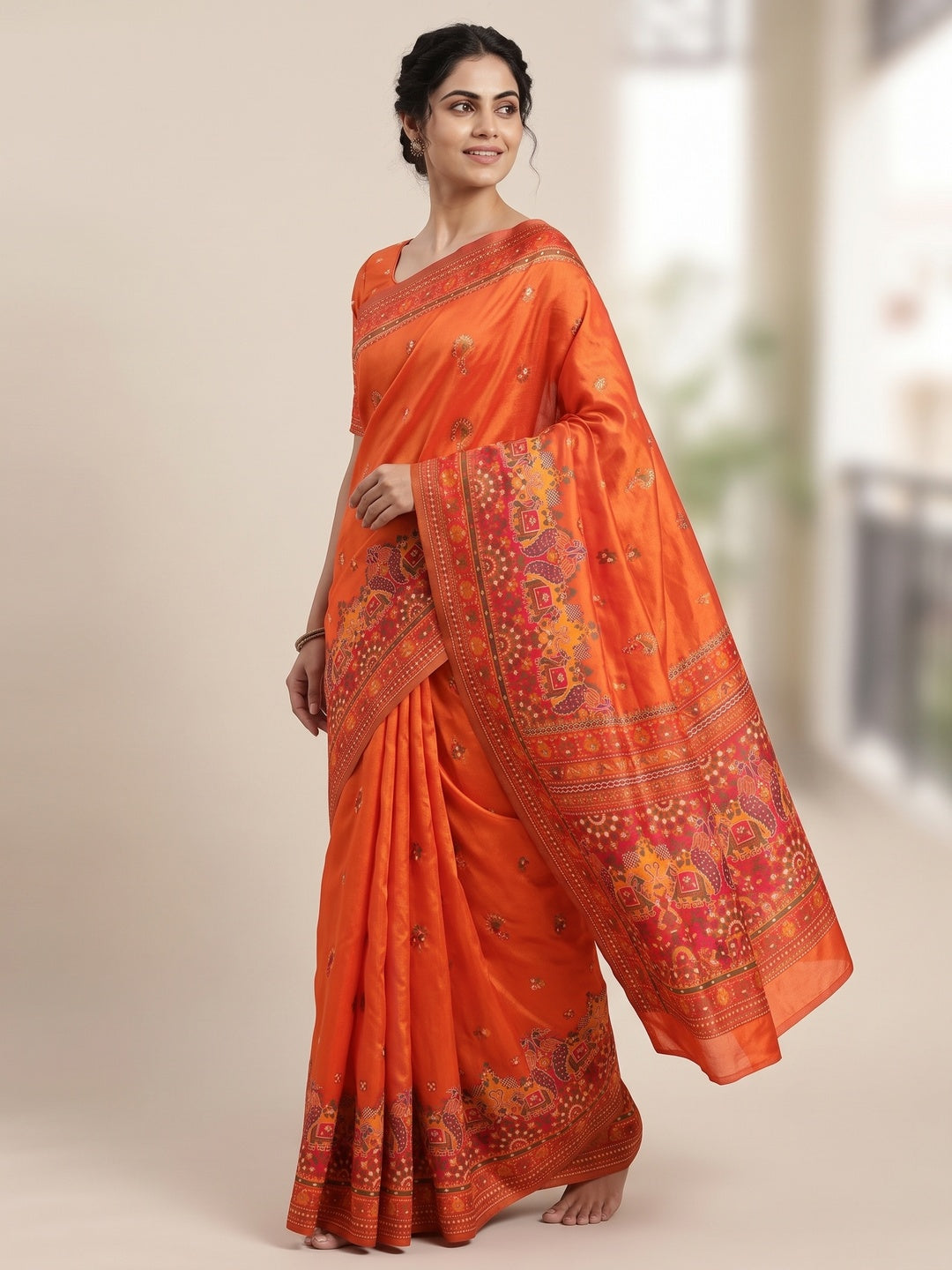 Orange Pashmina Silk Weaving Saree Designed in Classic Rajwadi Style for Festive Wear - Image 4