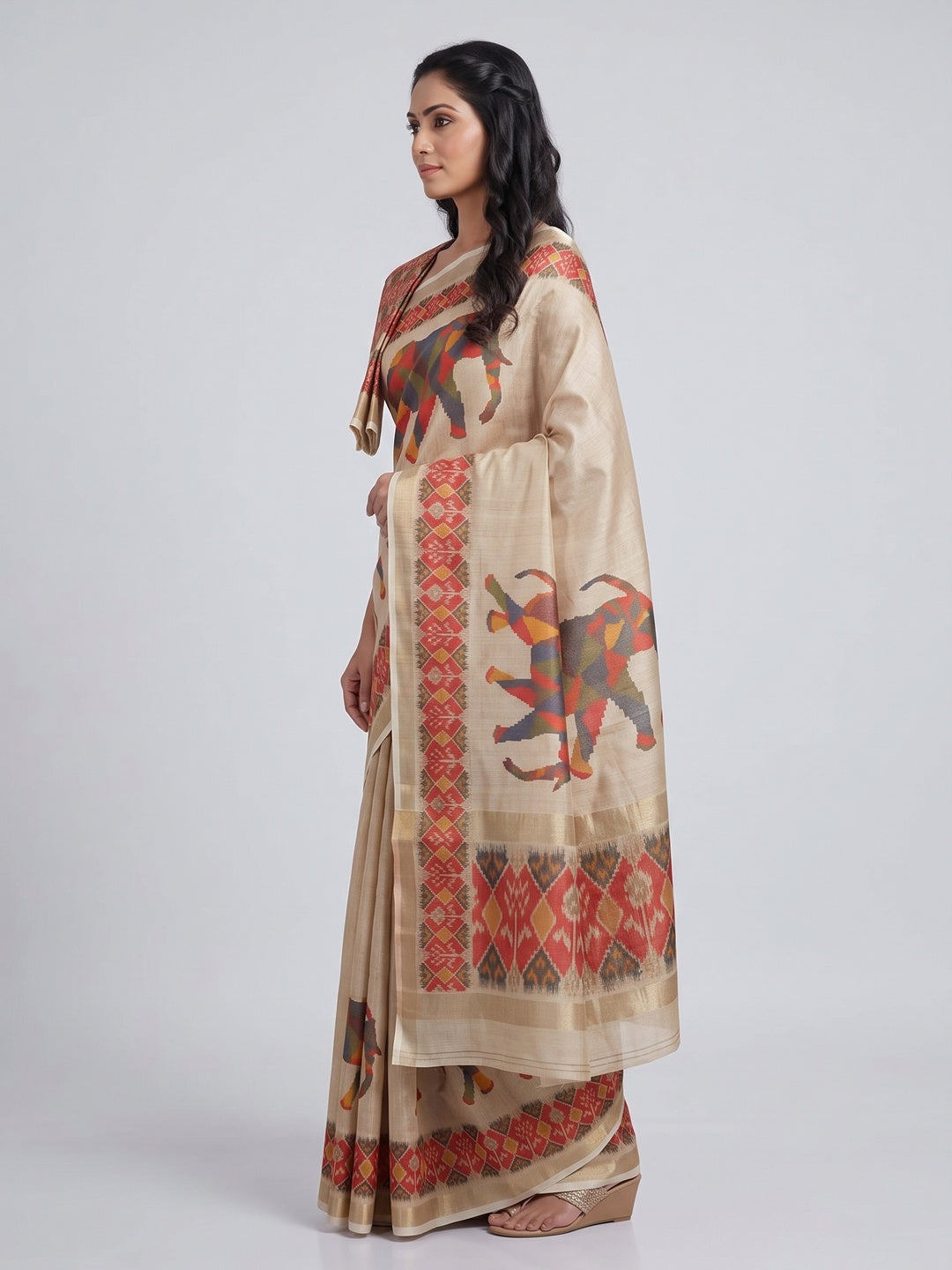 Beige Digital Print Saree in Premium Tissue Cotton Silk for Festive & Elegant Styling - Image 3