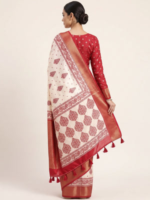 Offwhite & Red Floral Printed Dola Silk Saree With Intricate Woven Border - Image 2