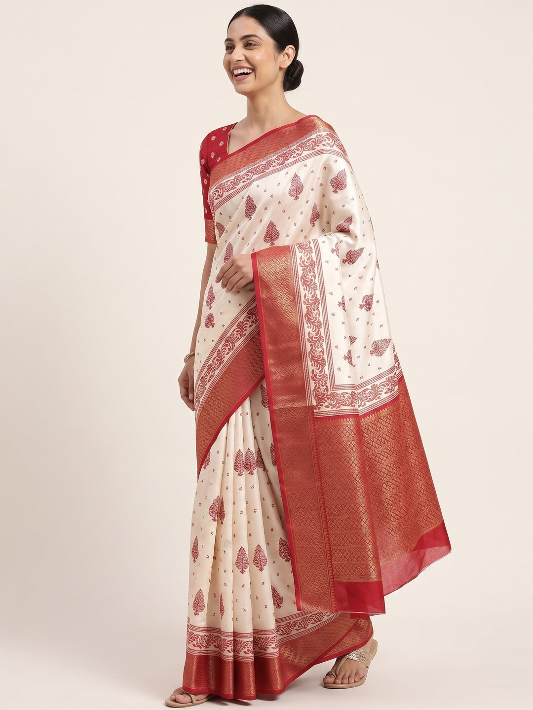 Offwhite & Red Floral Printed Dola Silk Saree With Intricate Woven Border - Image 4