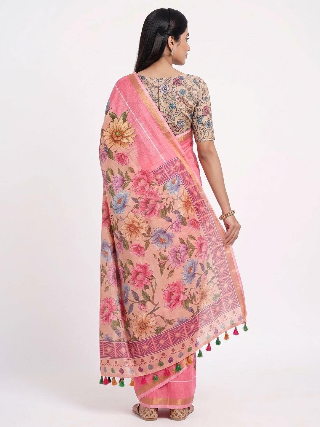 Elegant Pink Floral Digital Printed Linen Cotton Saree With Woven Border & Tassel Pallu - Image 2