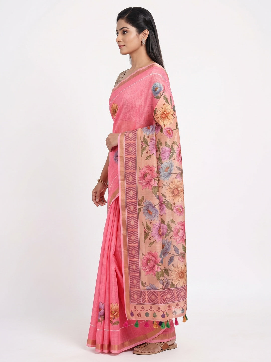 Elegant Pink Floral Digital Printed Linen Cotton Saree With Woven Border & Tassel Pallu - Image 3