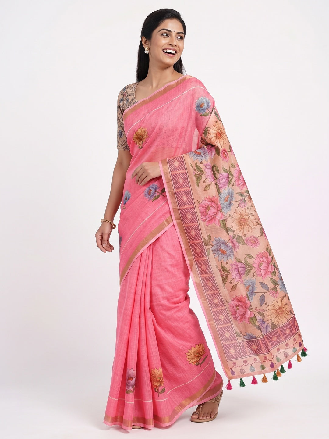 Elegant Pink Floral Digital Printed Linen Cotton Saree With Woven Border & Tassel Pallu - Image 4