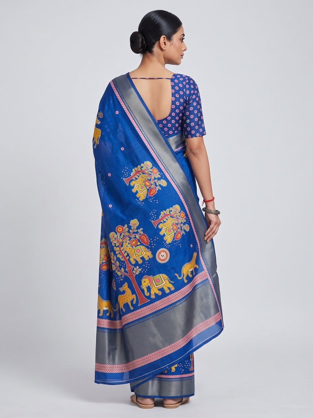 Blue Traditional Printed Dola Silk Saree Accented with Rich Zari Weaving - Image 2