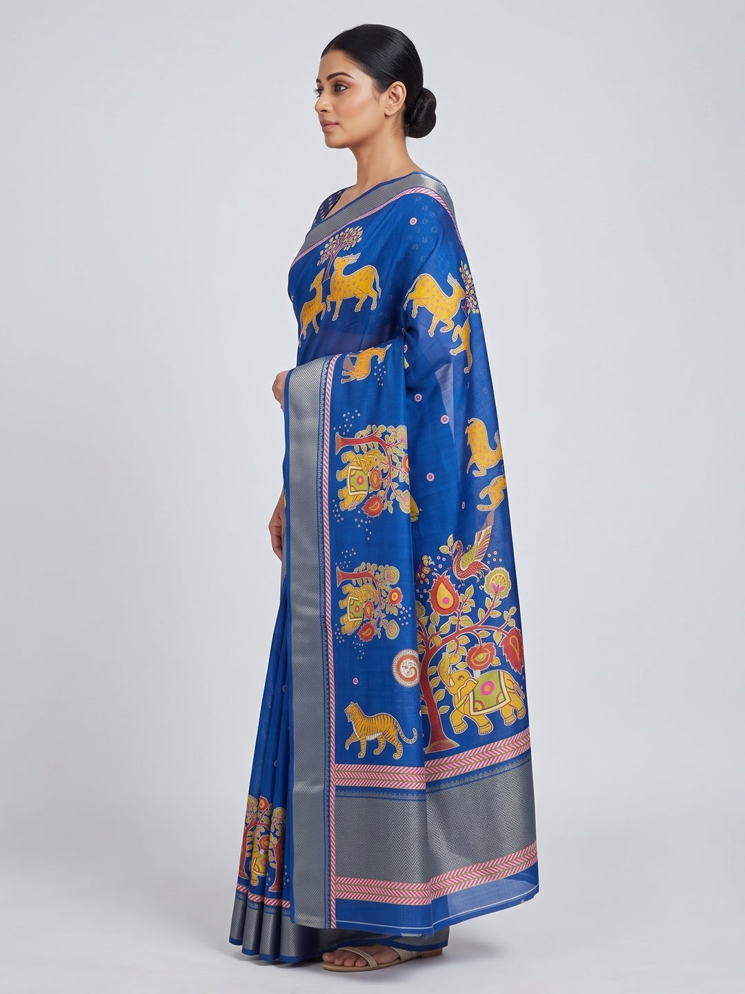 Blue Traditional Printed Dola Silk Saree Accented with Rich Zari Weaving - Image 3
