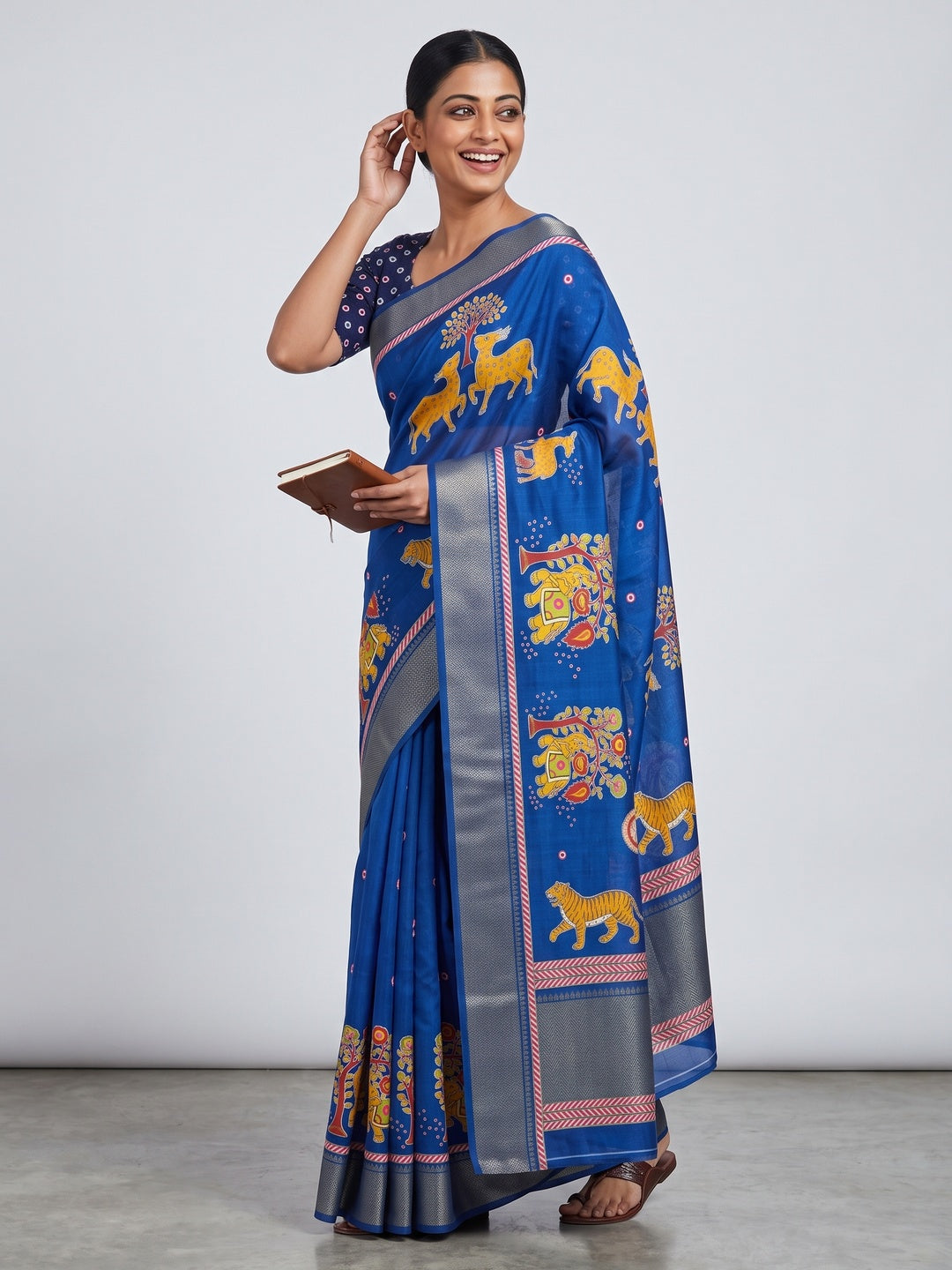 Blue Traditional Printed Dola Silk Saree Accented with Rich Zari Weaving - Image 4