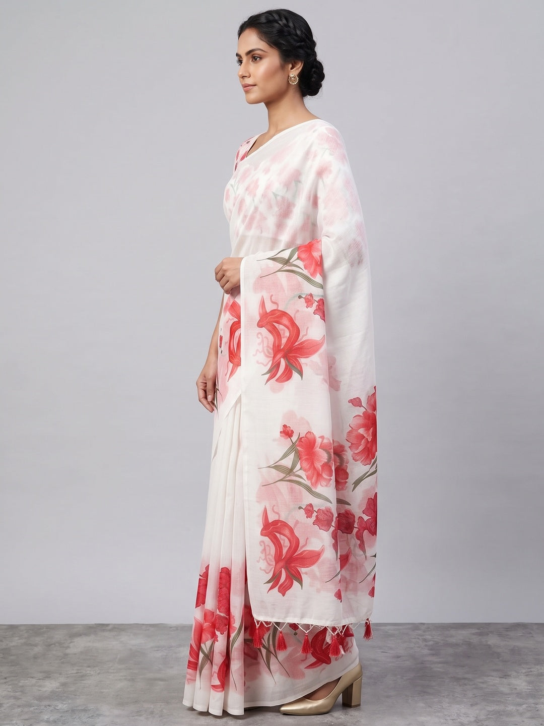 White Chanderi Cotton Saree Featuring Digital Floral Prints & Decorative Tassel Pallu - Image 3