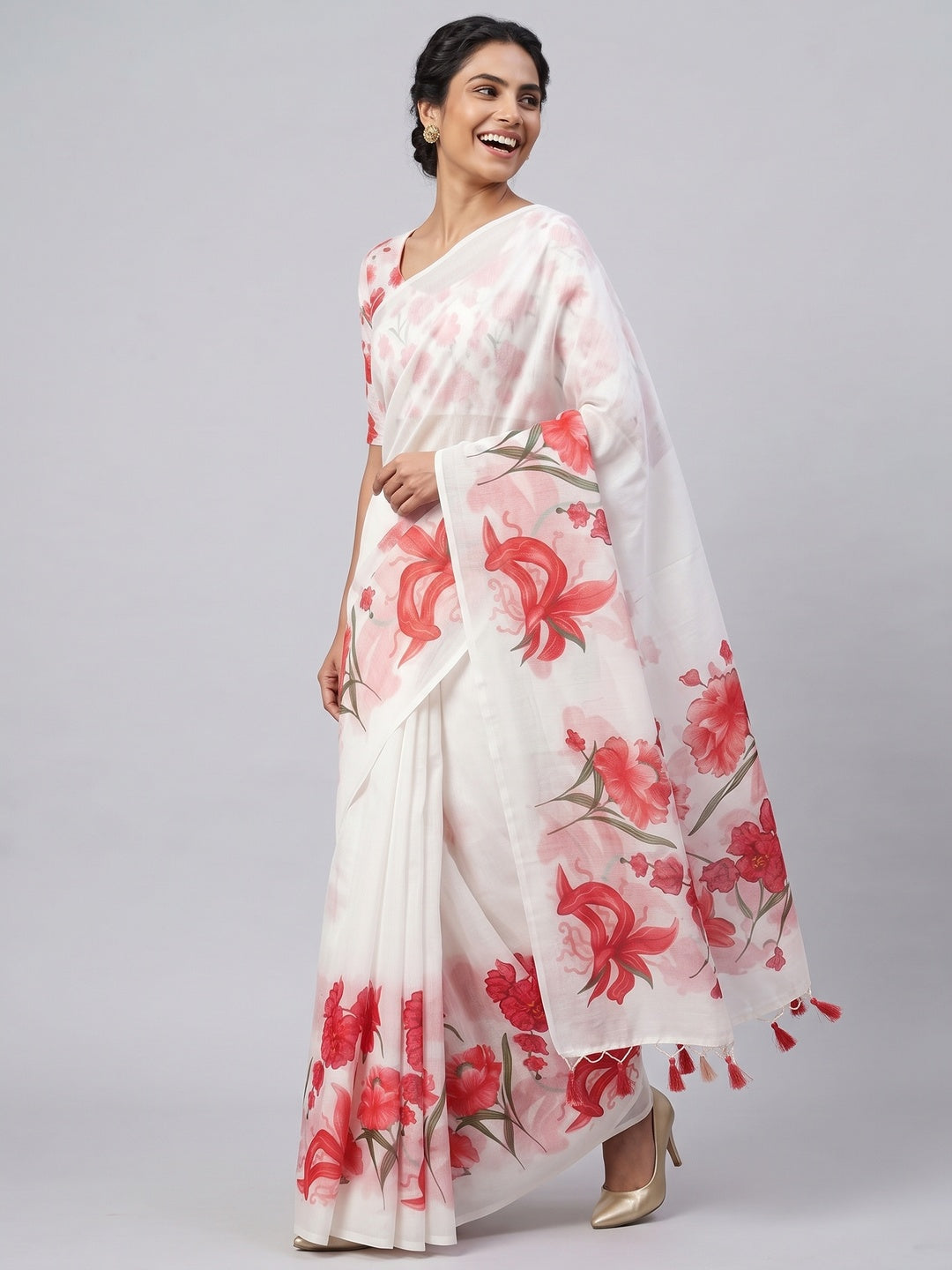 White Chanderi Cotton Saree Featuring Digital Floral Prints & Decorative Tassel Pallu - Image 4