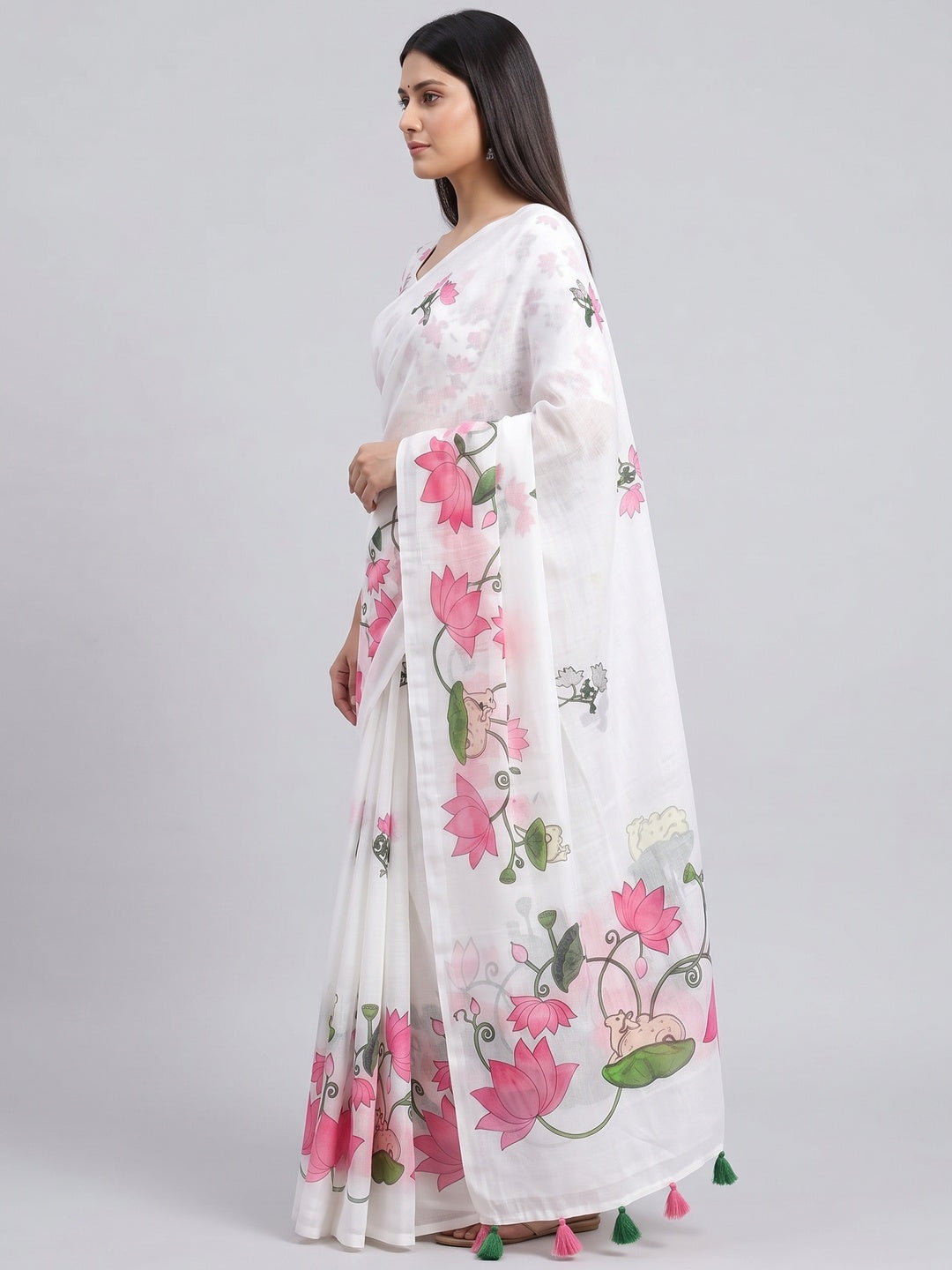 Elegant White Linen Saree with Pichwai Lotus Print and Tassel Detail - Image 3