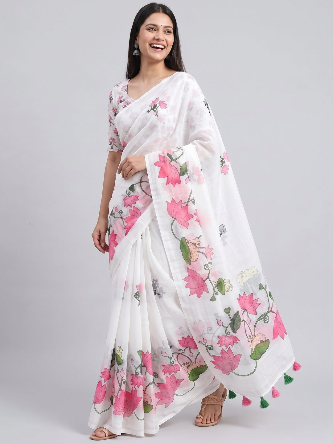 Elegant White Linen Saree with Pichwai Lotus Print and Tassel Detail - Image 4