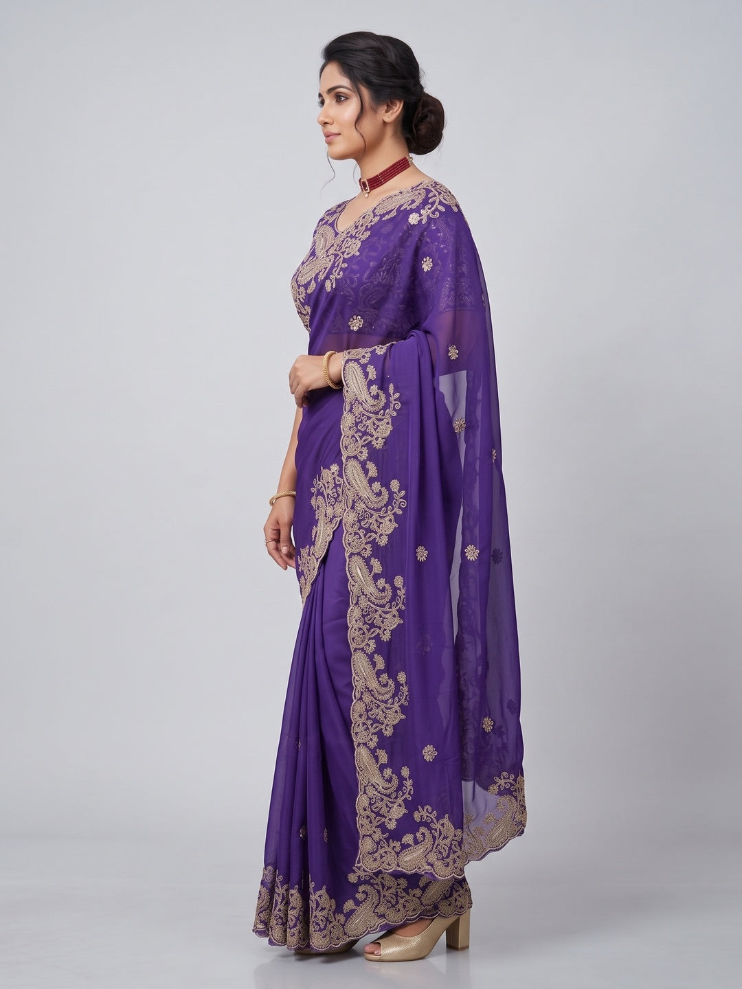 Violet Silk-Blend Saree Featuring Delicate Embroidery and Shimmering Sequins Work - Image 3