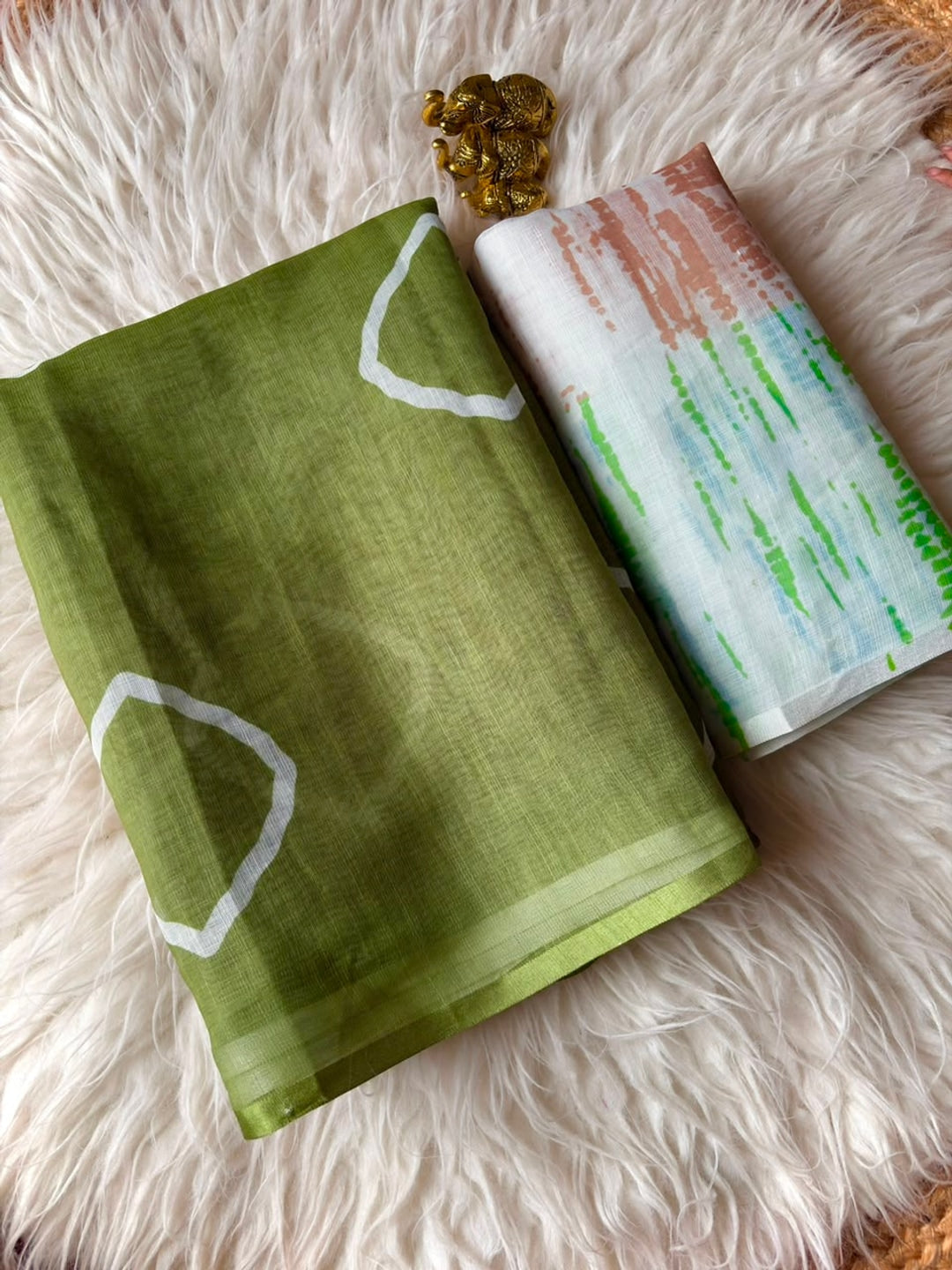 Peachmode Olive Shibori Printed Linen Cotton Saree - Image 2