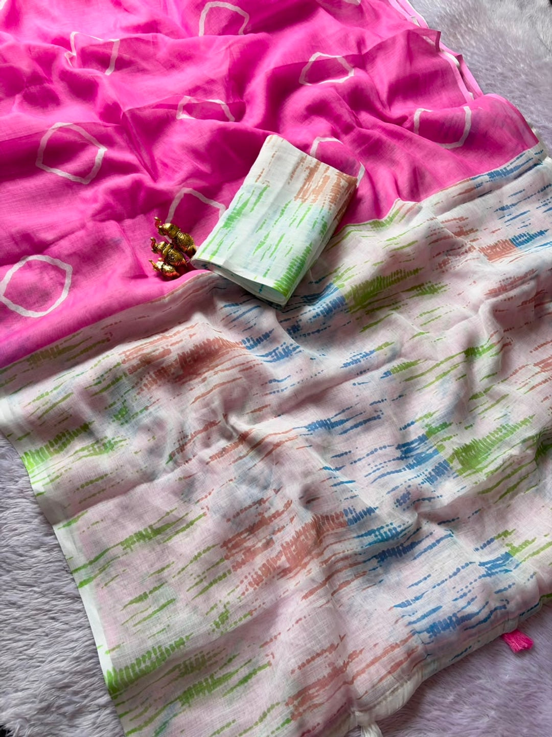 Peachmode Pink Shibori Printed Linen Cotton Saree - Image 3