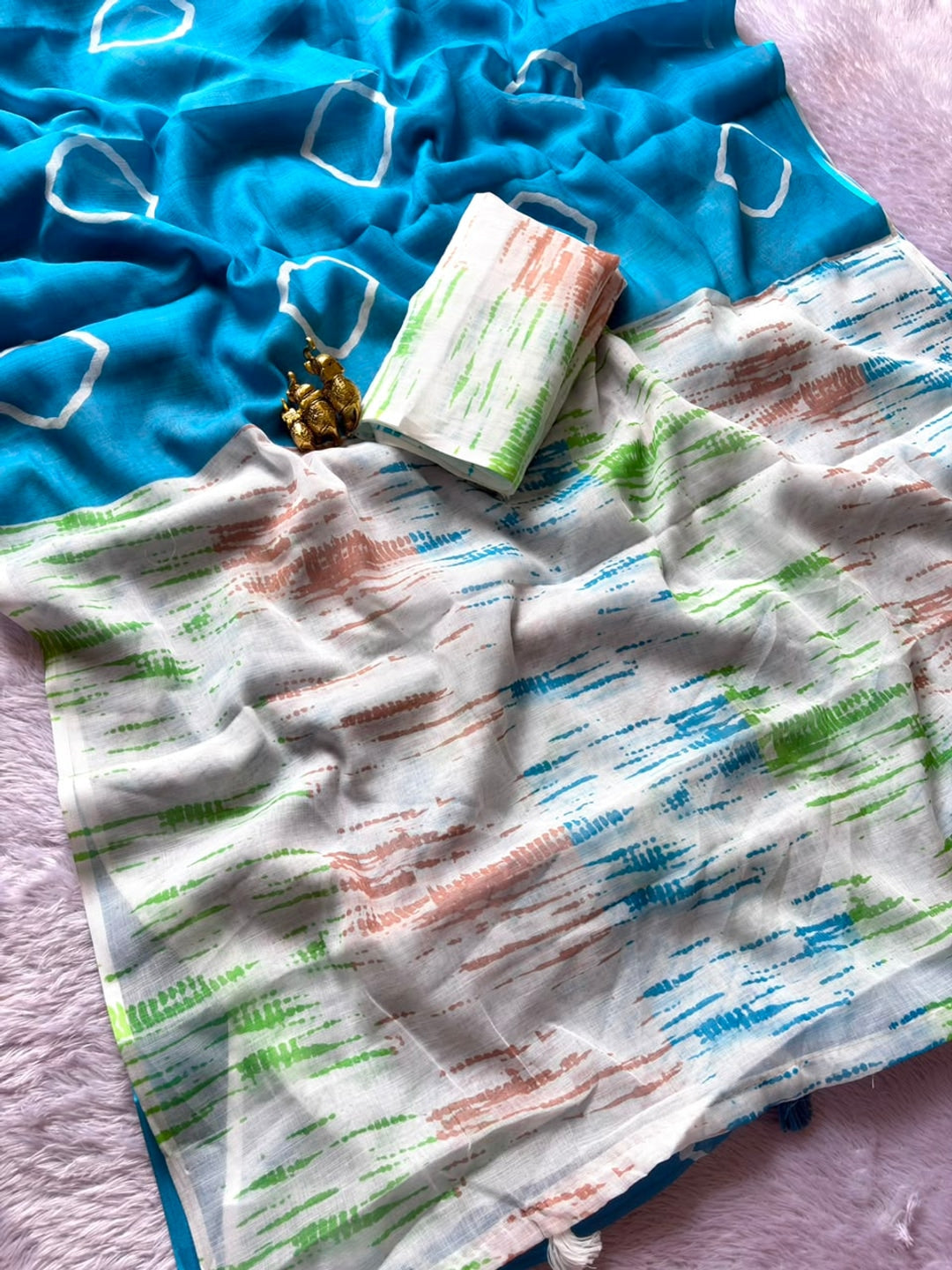 Peachmode Rama Blue Shibori Printed Linen Cotton Saree - Image 3